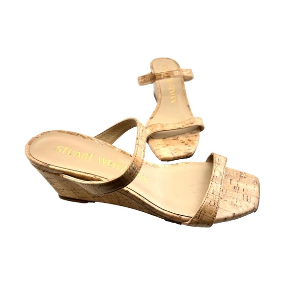 $450 STUART WEITZMAN Womens 7 Aleena Wedge Slide Sandal Patent Leather Cork Nude - Picture 3 of 11